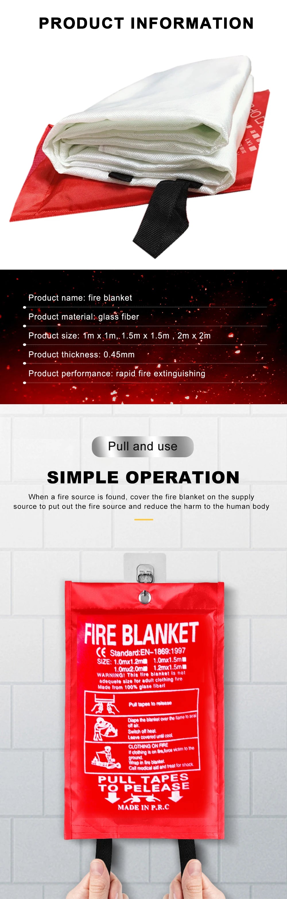 1M x 1M Fiberglass Fire Blanket Fire Flame Retardant Emergency Survival Fire Shelter Safety Cover Fire Extinguisher