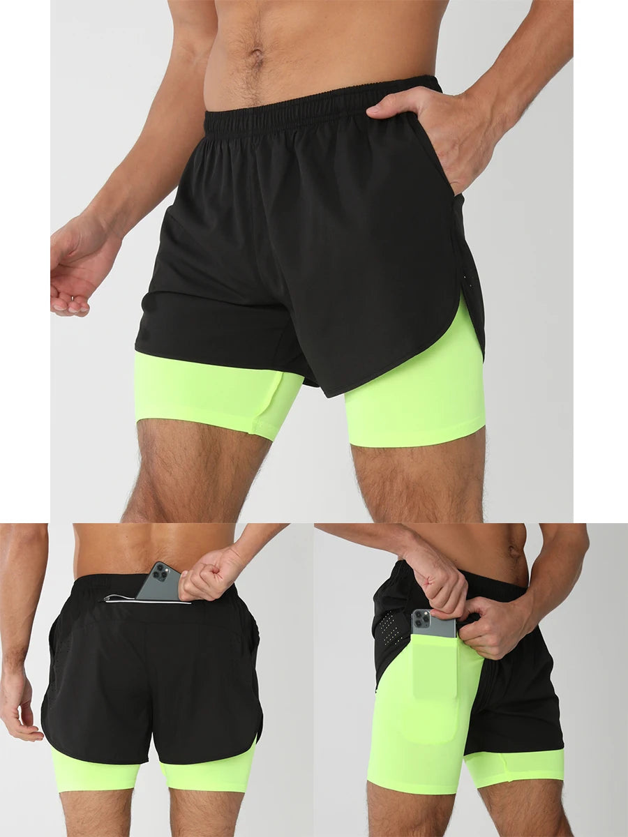 2025New Men Running Shorts Gym Sports Shorts 2 In 1 Quick Dry Workout Training Gym Fitness Jogging Short Pants Summer Men Shorts