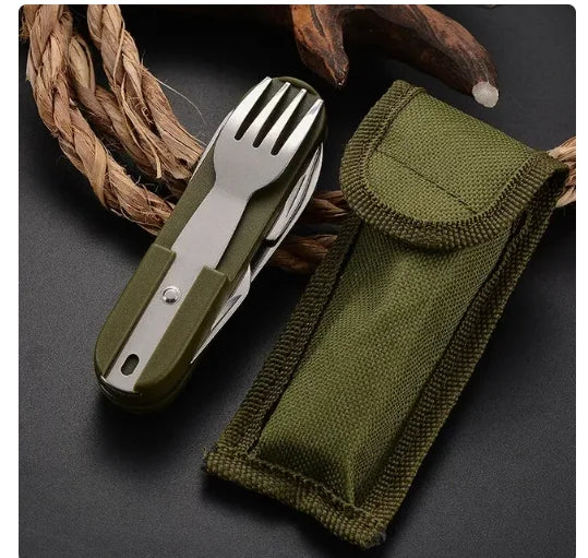 7 In 1 Multifunctional Outdoor Tableware Stainless Steel Foldable Fork Spoon Knife Picnic Camping Hiking Travelling Dinnerware