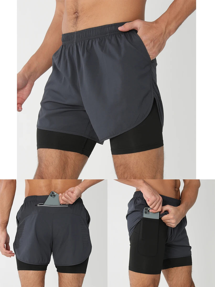 2025New Men Running Shorts Gym Sports Shorts 2 In 1 Quick Dry Workout Training Gym Fitness Jogging Short Pants Summer Men Shorts