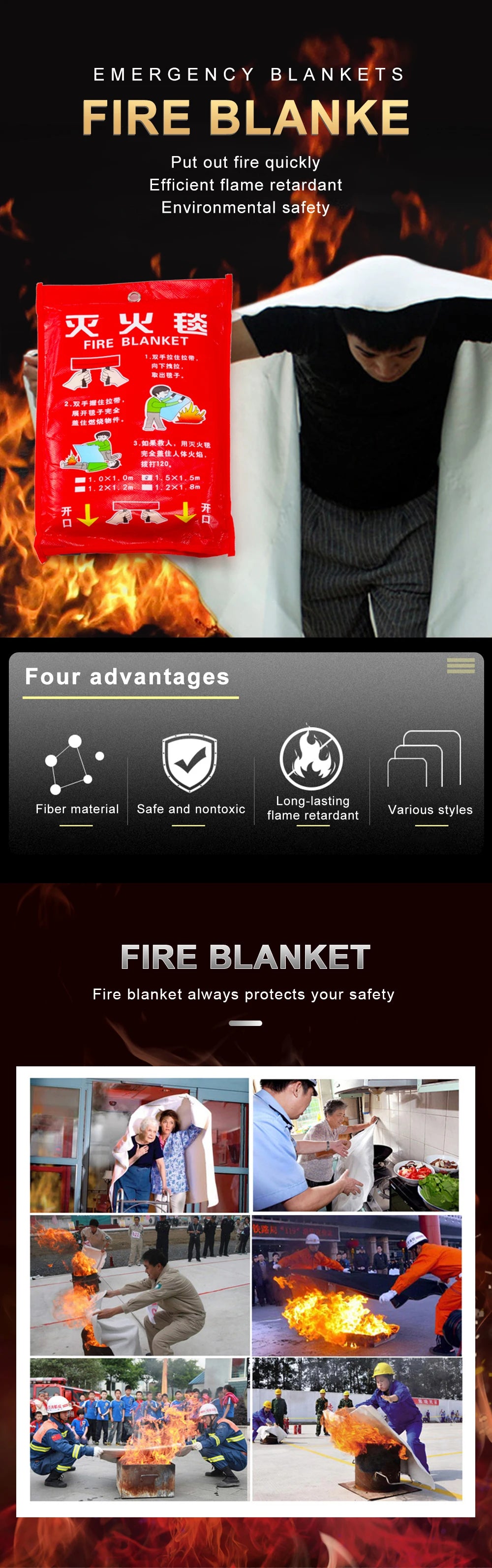 1M x 1M Fiberglass Fire Blanket Fire Flame Retardant Emergency Survival Fire Shelter Safety Cover Fire Extinguisher
